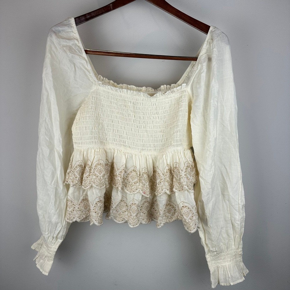 American Eagle Outfitters‎ Cream Smocked Tiered Eyelet Peplum Blouse Size medium